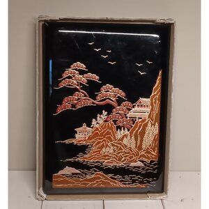 Japanese Black Lacquer Phone Book Inlaid Pagoda and Trees Design Tabbed